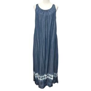 Chico's Chambray Blue Tencel Maxi Long Tank Dress Tie Dye Hem Pockets Sz M (2)